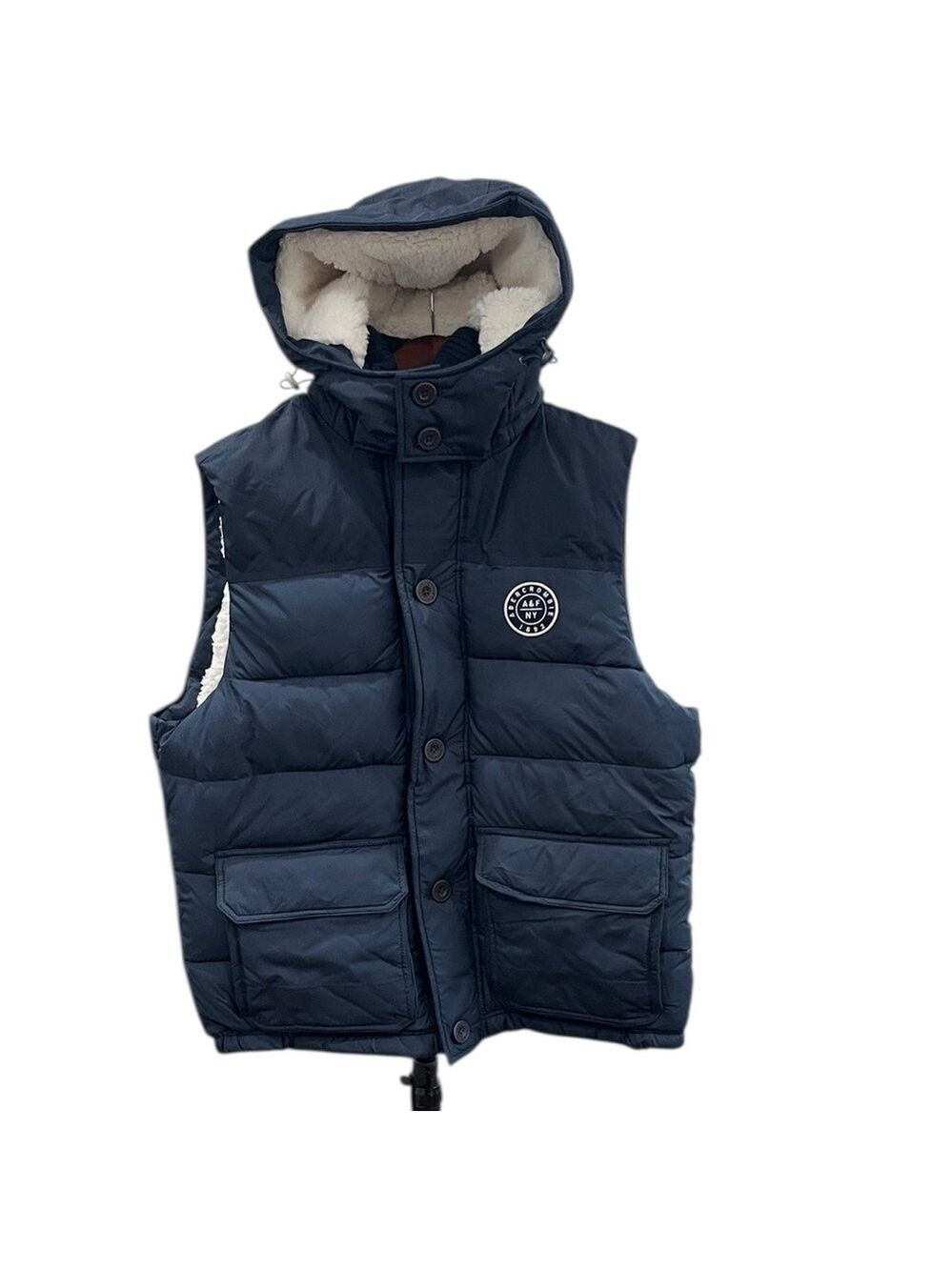 Vintage Y2K A& F Men’s Puffer Vest Hooded Quilted Sherpa Lined Heavy SZ XL Navy